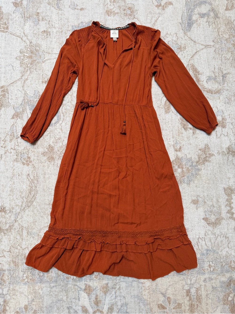 Knox Rose Rust Long-Sleeve Midi Dress with Tie Waist